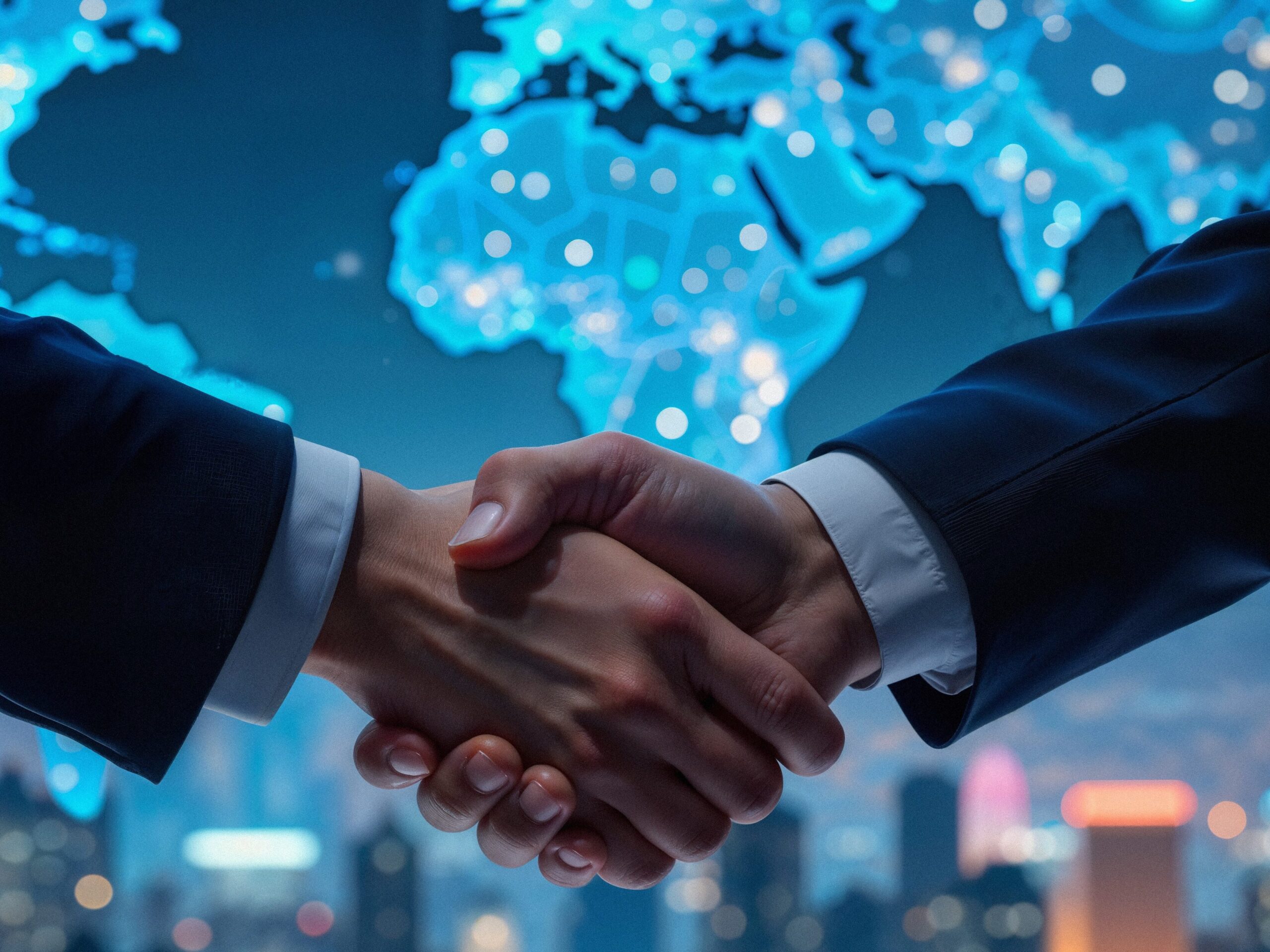 Business handshake world map