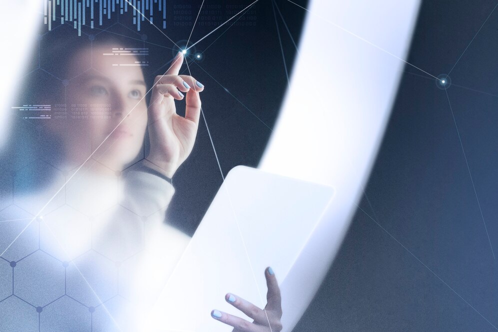 Futuristic networking technology remix with woman using virtual screen 53876 108509