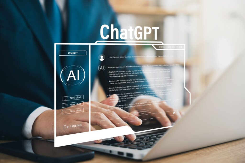 Data search concept using artificial intelligence chatbot chatgpt young businessman chatting with smart chatbot find business economic information artificial intelligence developed by openai